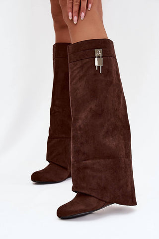 Stylish women's boots made of leather suede with a unique turned-over upper and decorative strap.