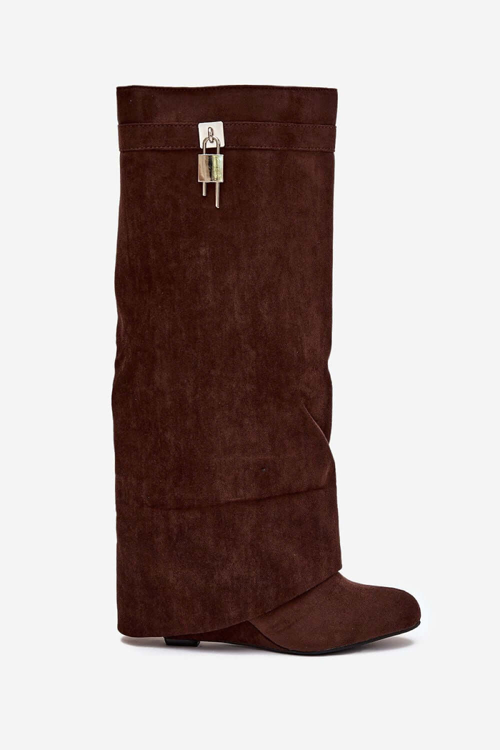 Women's boots made of leather suede with a unique turned-over upper and decorative strap in brown.