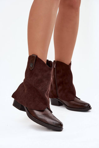 Cowboy boots with a heel featuring a stylish brown design and comfortable zip closure.