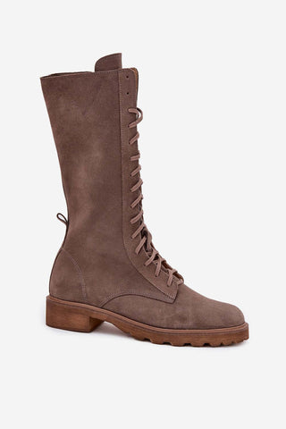 Women's ankle boots made of natural suede with lacing and a zipper for easy wear.