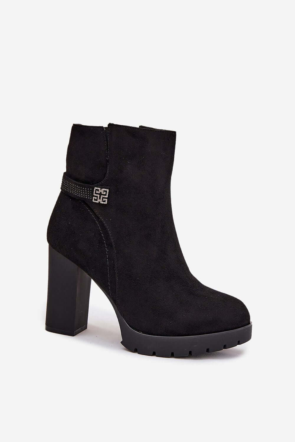 Women's ankle boots made of eco suede with pedestal heel and decorative strap