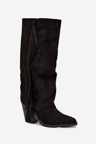 Cowboy boots for women in black faux suede with fringes and a stylish pointed toe design.