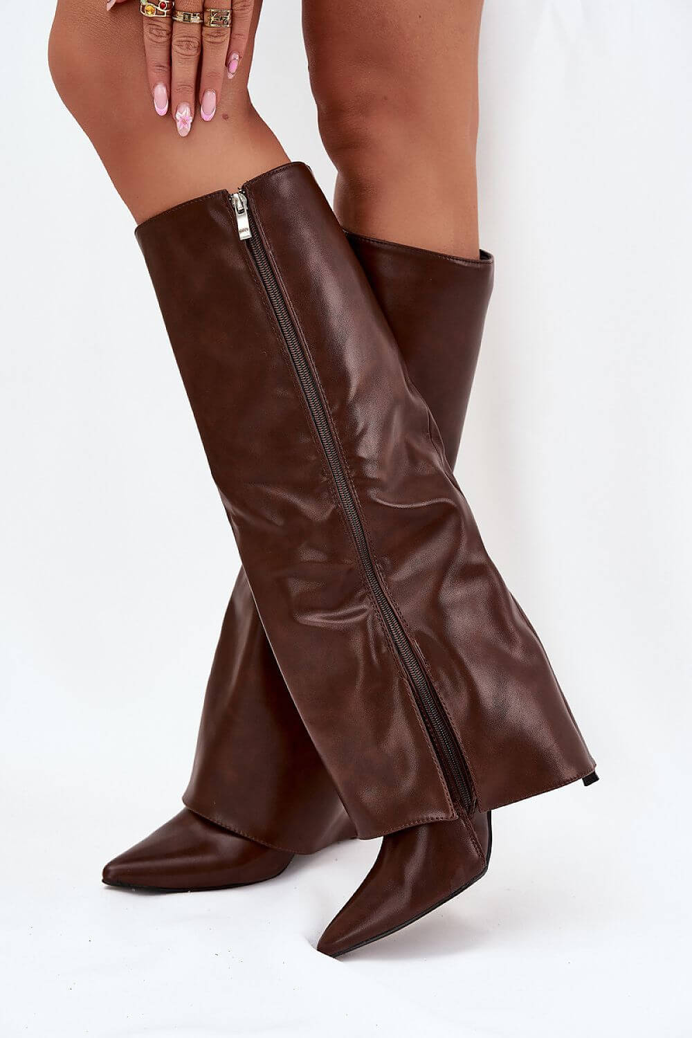 Women's boots with pointed toe and side zipper in brown eco leather, perfect for autumn and winter styling.