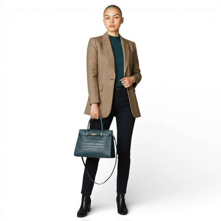 Croc-Embossed Genuine Leather Top Handle Bag with Shoulder Strap