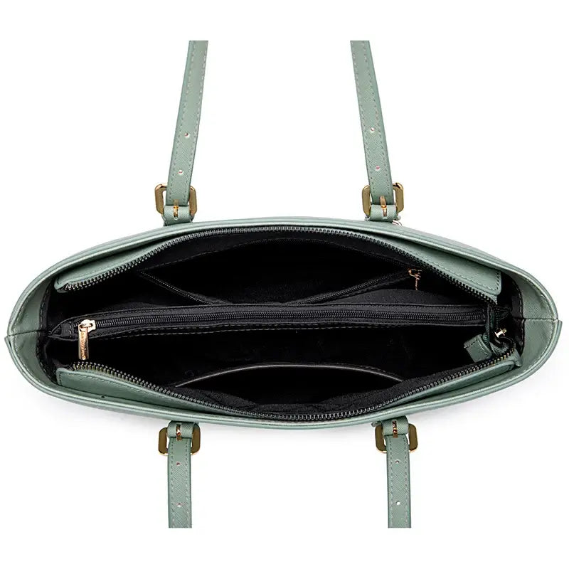 Interior view of a Tote Bag with adjustable shoulder straps featuring multiple pockets and a zipper closure.