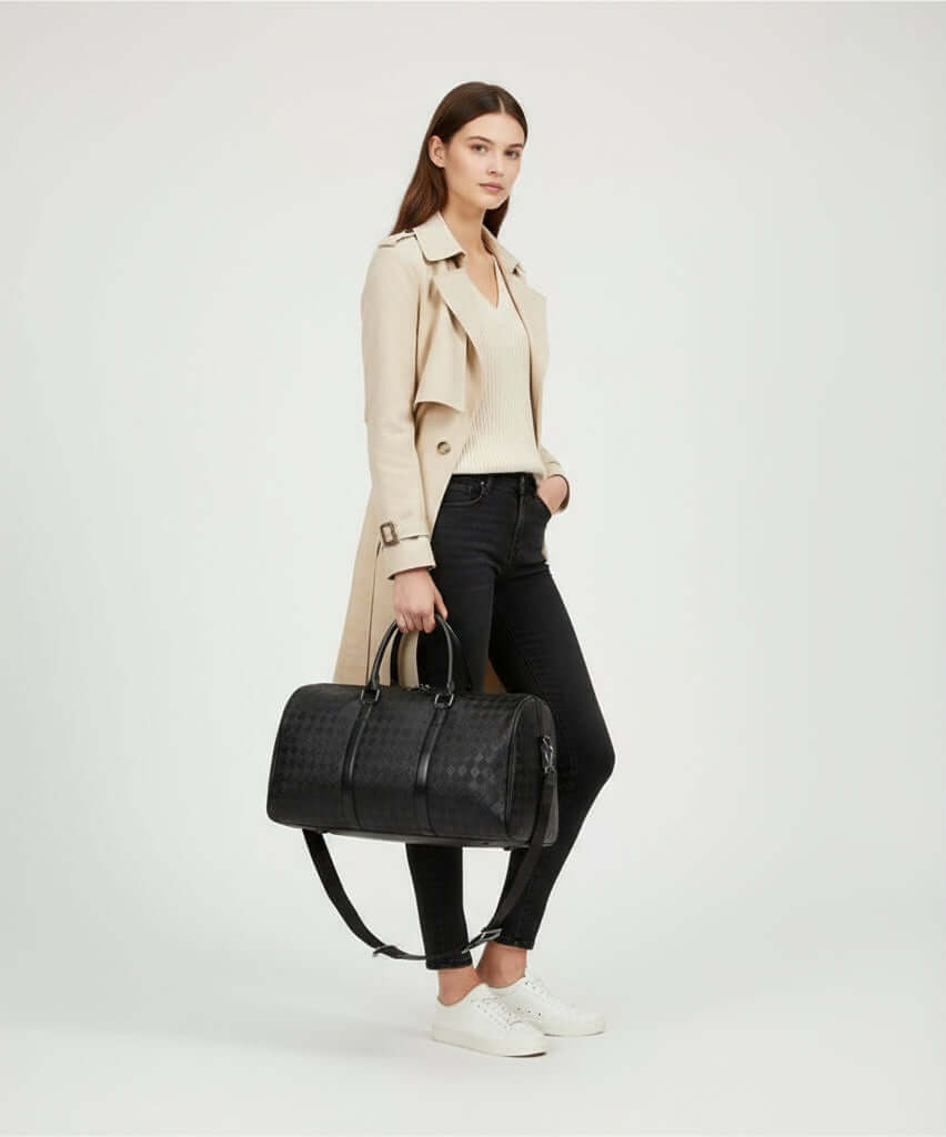 Model wearing a trench coat with a Travel Duffle Bag, showcasing its stylish design and practicality for travel.