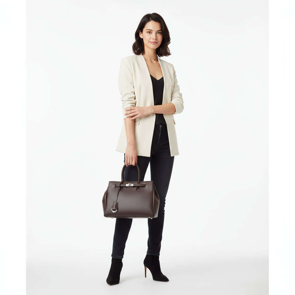 Womens Leather Tote Bag displayed by a model in stylish outfit, showcasing its upscale design and elegance.