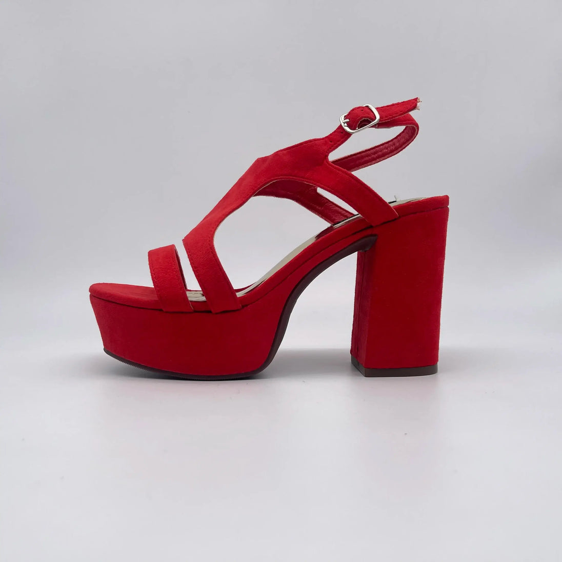 Women's Platform Block Heel Sandals with Ankle Strap – Yellow in red suede with bold block heel and stylish design.