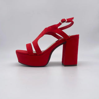 Women's Platform Block Heel Sandals with Ankle Strap – Yellow in red suede with bold block heel and stylish design.