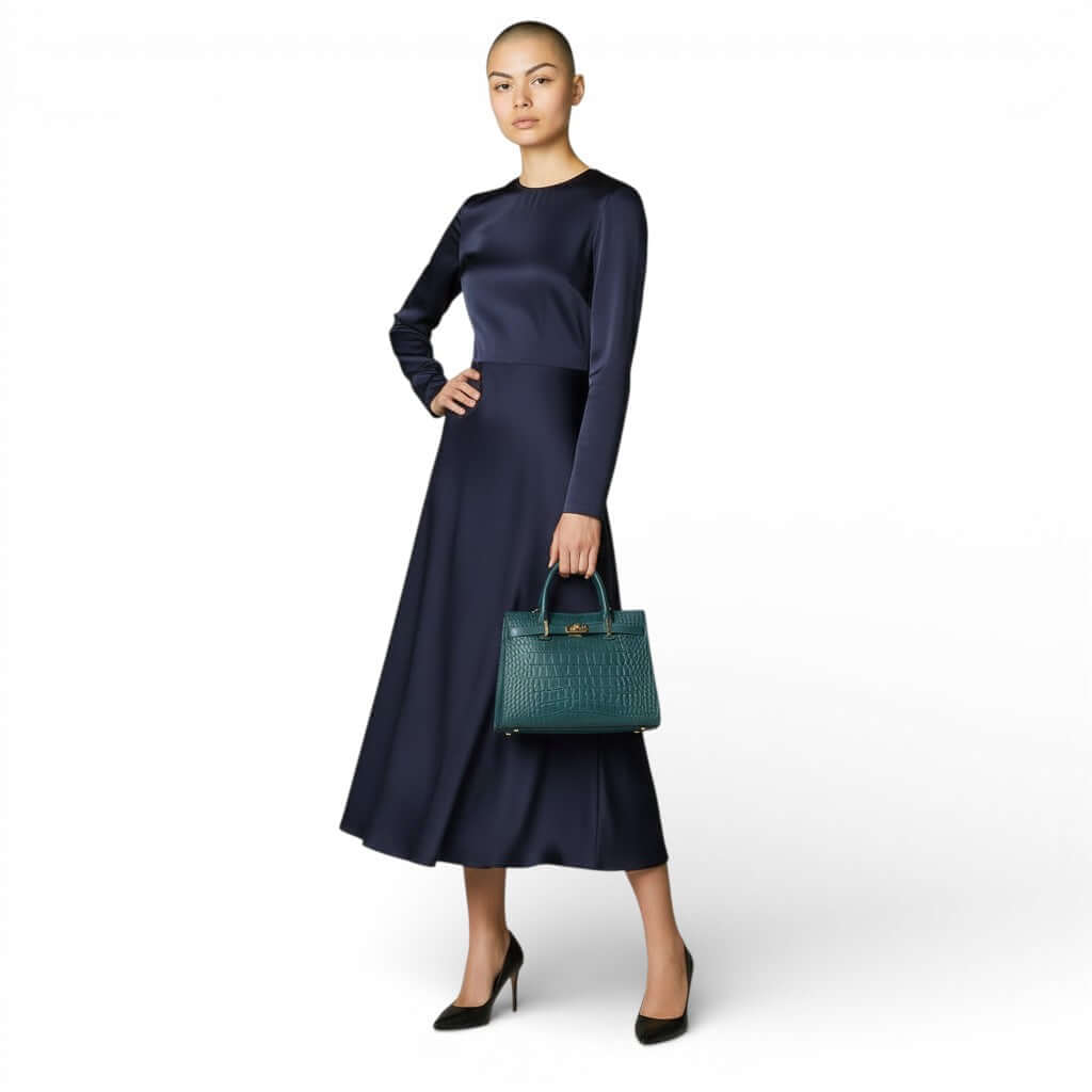 Croc-Embossed Leather Top Handle Bag with Shoulder Strap