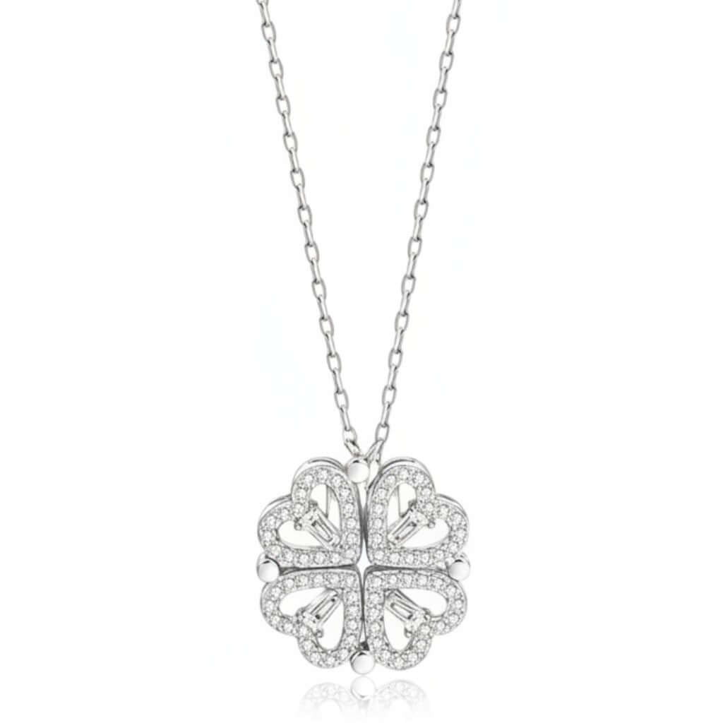 Crystal Clover Heart Magnetic Necklace 925 Sterling Silver