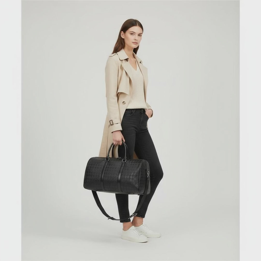 Stylish woman in a trench coat with a Travel Duffle Bag, showcasing versatility for travel and daily use.