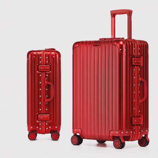 Suitcase Aluminum – TSA Lock, Spinner Wheels in red with 360° silent spinner wheels and durable aluminum frame.