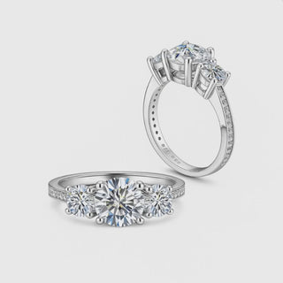 Moissanite Ring – 925 Sterling Silver Three-Stone Design featuring round-cut moissanite stones in elegant setting.