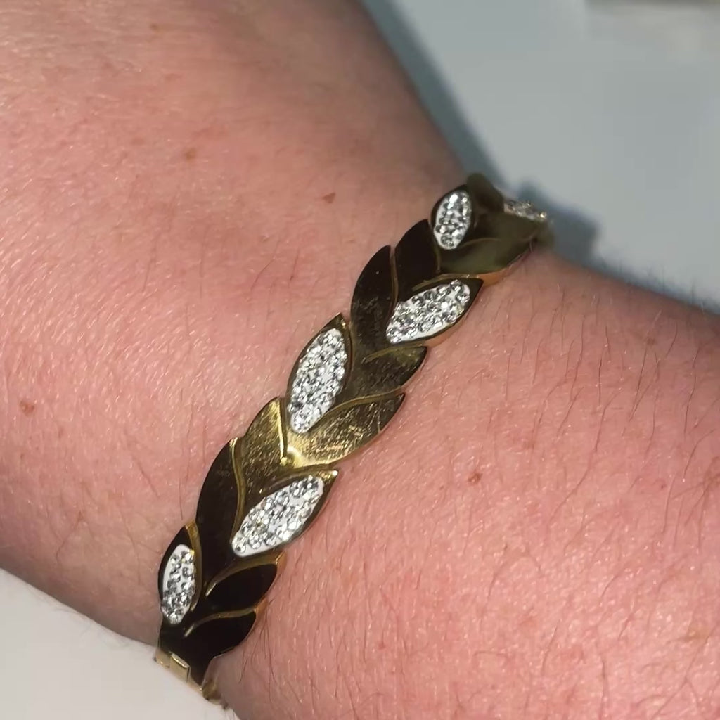 Bangle Gold-Plated Laurel Leaf with Crystal Pavé