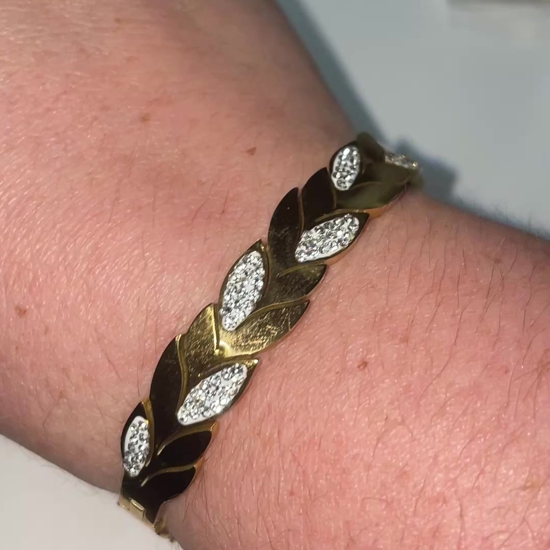 Bangle Gold-Plated Laurel Leaf with Crystal Pavé