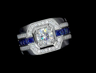 Ring Moissanite 925 Sterling Silver with blue gemstones and diamond accents, elegant fine jewelry.