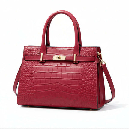 Croc-Embossed Genuine Leather Top Handle Bag with Shoulder Strap