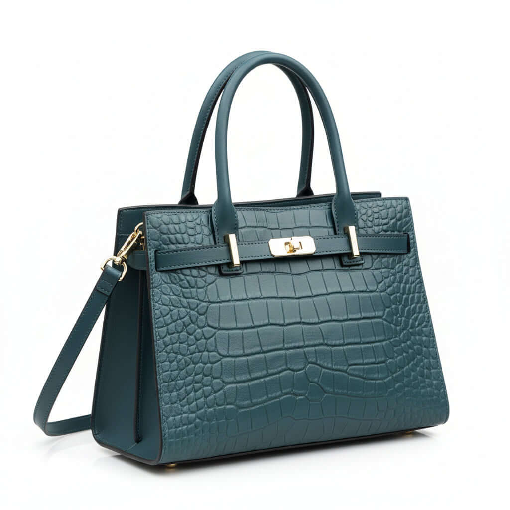Croc-Embossed Leather Top Handle Bag with Shoulder Strap