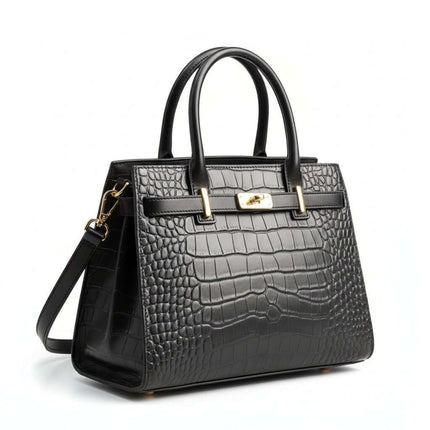 Croc-Embossed Genuine Leather Top Handle Bag with Shoulder Strap