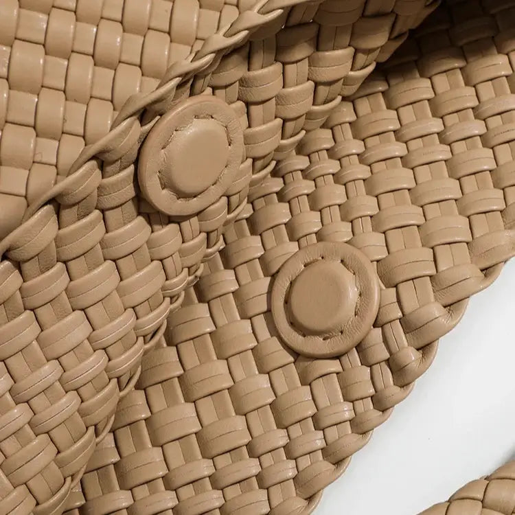 Woven Shoulder Bag - Criss-Cross Design close-up showing woven texture and button details.